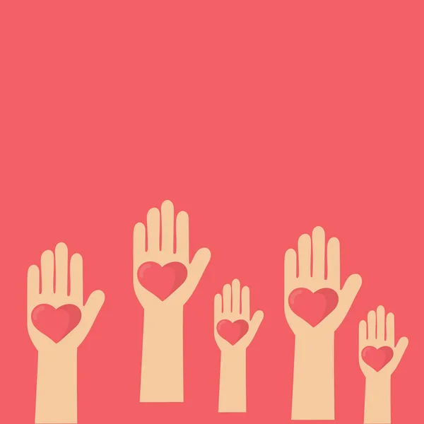Volunteering Illustration Hands Different People Raised Hearts Hands Ilsolated Graphic — Stockvektor