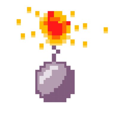 Piksel oyun simgeleri, yanan fitili olan izole edilmiş bomba, kozmik patlama. Parçacıklar ve alev elementleri, 8 bit grafiksel oyun süreci dinamit retro biçimi