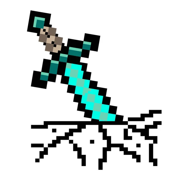 Pixelový Meč Bílém Pozadí Pixelovaný Osmibitový Meč Trčící Země Stylu — Stockový vektor