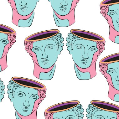 Soyut Yunan antik heykeli ve gerçeküstü elementler. Modern heykellerin ve kozmik uzay elementlerinin modaya uygun psikedelik tarzdaki çizimleri. Pastel renkler.