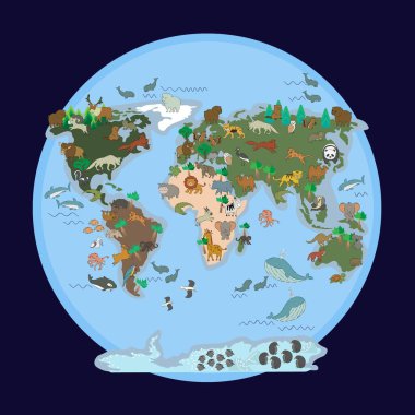 Hayvan dünyası haritası. Kıta, deniz ve okyanus hayvanları. Dünya vahşi yaşam keşfi. Dünya hayvan vektör posteri. Güney ve Kuzey Amerika, Avrasya, Afrika, Avustralya anakara yerleşimci illüstrasyonu