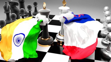 Hindistan Fransa krizi, çatışma, çatışma ve tartışma bu iki ülke arasında bir ticaret anlaşması veya ulusal bayraklarla oynanan bir satranç oyunu ile sembolize edilen hakimiyet, 3D illüstrasyon