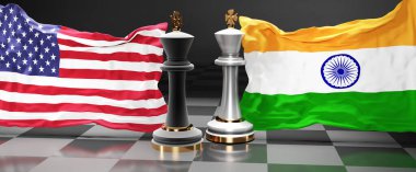 ABD Hindistan zirvesi, savaş ya da siyasi sorunları çözmeyi amaçlayan bu iki ülke arasında ulusal bayraklı bir satranç oyunu, 3D illüstrasyonla sembolize edilen bir duruş