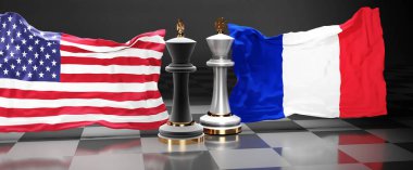 ABD Fransa zirvesi, savaş veya siyasi meseleleri çözmeyi amaçlayan bu iki ülke arasında ulusal bayraklı bir satranç oyunu, 3D illüstrasyonla sembolize edilen bir duruş
