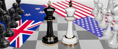 Yeni Zelanda ve ABD arasındaki çatışma, çatışma, kriz ve tartışma, bu iki ülke arasında bir ticaret anlaşması ve egemenlik, ulusal bayraklı bir satranç oyunu, 3D illüstrasyonla sembolize edilmektedir.