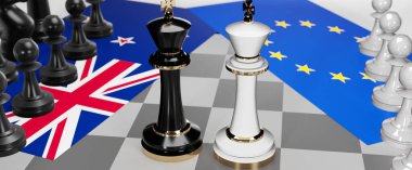 Yeni Zelanda ve AB 'nin Avrupa' daki çatışmaları, çatışmaları, krizleri ve tartışmaları, bu iki ülke arasında bir ticaret anlaşması ve egemenliği simgeleyen ulusal bayraklarla oynanan bir satranç oyunu, 3d illüstrasyon