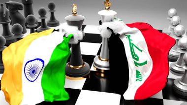 Hindistan Irak krizi, çatışma, çatışma ve tartışma bu iki ülke arasında bir ticaret anlaşması veya ulusal bayraklı bir satranç oyunu ile sembolize edilen hakimiyet, 3D illüstrasyon