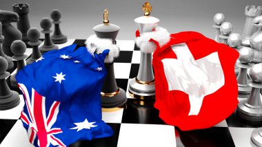 Bu iki ülke arasında bir ticaret anlaşması veya ulusal bayraklarla oynanan bir satranç oyunuyla sembolize edilen hakimiyet veya hakimiyet kurma amaçlı İsviçre krizi, çatışma, çatışma ve tartışma