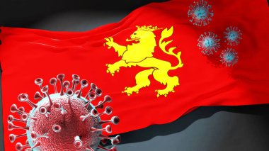 Zaragoza 'da Covid - Coronavirus Zaragoza' nın bir şehir bayrağına saldırıyor bu şehirdeki virüs salgınıyla mücadele sembolü olarak, 3D illüstrasyon