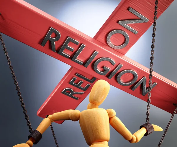 Religionskontroll Makt Auktoritet Och Manipulation Symboliseras Kontrollstång Med Ord Religionen — Stockfoto