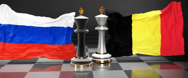 Russia Belgium summit, fight or a stand off between those two countries that aims at solving political issues, symbolized by a chess game with national flags, 3d illustration