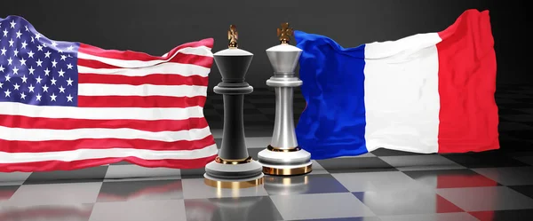 USA France summit, fight or a stand off between those two countries that aims at solving political issues, symbolized by a chess game with national flags, 3d illustration