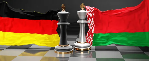 Germany Belarus summit, fight or a stand off between those two countries that aims at solving political issues, symbolized by a chess game with national flags, 3d illustration
