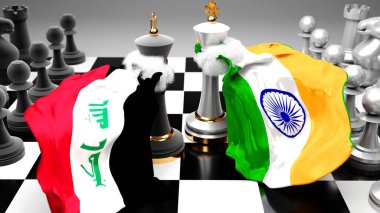 Irak Hindistan krizi, çatışma, çatışma ve tartışma bu iki ülke arasında bir ticaret anlaşması veya ulusal bayraklarla oynanan bir satranç oyunuyla sembolize edilen hakimiyet, 3D illüstrasyon