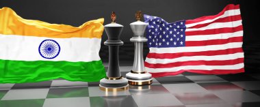 Hindistan ABD zirvesi, savaş veya siyasi meseleleri çözmeyi amaçlayan bu iki ülke arasında ulusal bayraklı bir satranç oyunu, 3D illüstrasyonla sembolize edilen bir duruş