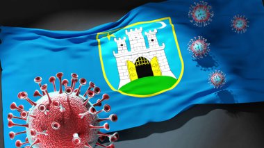 Zagreb 'deki Covid - Coronavirus, bu şehirdeki virüs salgınıyla mücadele ve mücadele sembolü olarak Zagreb' in bir şehir bayrağına saldırıyor.