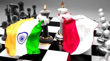 Hindistan Polonya krizi, çatışma, çatışma ve tartışma bu iki ülke arasında bir ticaret anlaşması veya ulusal bayraklarla oynanan bir satranç oyunu ile sembolize edilen hakimiyet, 3d illüstrasyon
