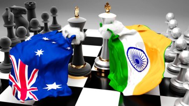 Avustralya Hindistan krizi, çatışma, çatışma ve tartışma bu iki ülke arasında bir ticaret anlaşması veya ulusal bayraklarla oynanan bir satranç oyunu ile sembolize edilen hakimiyet, 3d illüstrasyon