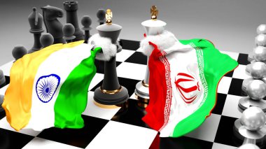 Hindistan krizi, çatışma, çatışma ve bu iki ülke arasında bir ticaret anlaşması veya ulusal bayraklarla oynanan bir satranç oyunuyla sembolize edilen hakimiyet, 3D illüstrasyon