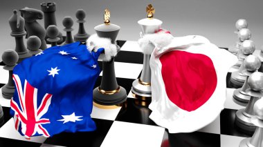 Bu iki ülke arasında bir ticaret anlaşması veya ulusal bayraklarla oynanan bir satranç oyunuyla sembolize edilen hakimiyet, üç boyutlu illüstrasyon hedefleyen Avustralya 'daki kriz, çatışma, çatışma ve tartışma