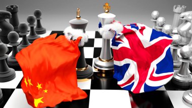 Bir ticaret anlaşması veya ulusal bayraklarla oynanan bir satranç oyunu ile sembolize edilen egemenliği hedefleyen bu iki ülke arasındaki Çin İngiltere krizi, çatışma, çatışma ve tartışma