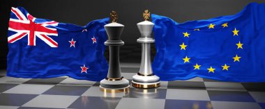 Yeni Zelanda AB Avrupa zirvesi, bu iki ülke arasında, ulusal bayraklı ve 3D resimli bir satranç oyunuyla sembolize edilen siyasi meseleleri çözmeyi amaçlayan bir mücadele veya duraklama
