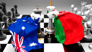 Avustralya Belarus krizi, çatışma, çatışma ve tartışma bu iki ülke arasında bir ticaret anlaşması veya ulusal bayraklarla oynanan bir satranç oyunu ile sembolize edilen hakimiyet, 3D illüstrasyon