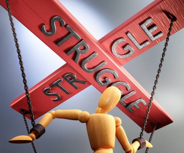 Mücadele kontrolü, güç, otorite ve manipülasyon kontrol çubuğuyla sembolize ediliyor. Tahta bir kuklanın zincirlerini çekmek, 3 boyutlu bir illüstrasyon.