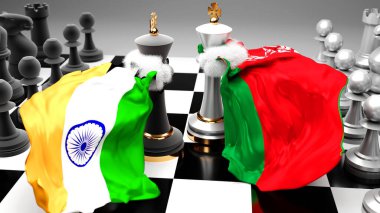 Hindistan Belarus krizi, çatışma, çatışma ve tartışma bu iki ülke arasında bir ticaret anlaşması veya ulusal bayraklarla oynanan bir satranç oyunu ile sembolize edilen hakimiyet, 3D illüstrasyon