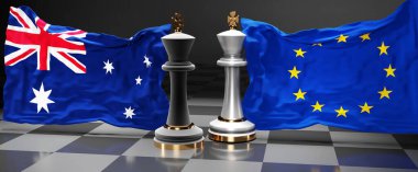 Avustralya AB Avrupa zirvesi, mücadele veya bu iki ülke arasında, ulusal bayraklı ve 3D resimli bir satranç oyunuyla sembolize edilen siyasi sorunları çözmeyi amaçlayan bir engel