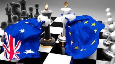 Ulusal bayraklarla oynanan bir satranç oyunu ve 3D illüstrasyonla sembolize edilen bir ticaret anlaşması veya egemenliği hedefleyen bu iki ülke arasında Avustralya 'daki AB krizi, çatışma, çatışma ve tartışma