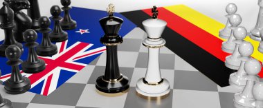 Yeni Zelanda ve Almanya arasında bir ticaret anlaşması ve ulusal bayraklarla oynanan bir satranç oyunuyla sembolize edilen egemenliği hedefleyen iki ülke arasında çatışma, çatışma, kriz ve tartışma