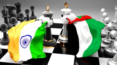 Hindistan Birleşik Arap Emirlikleri krizi, çatışma, çatışma ve tartışma, bu iki ülke arasında bir ticaret anlaşması veya ulusal bayraklarla oynanan bir satranç oyunu ile sembolize edilen hakimiyet, 3D illüstrasyon