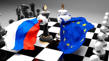 Rusya 'nın AB Avrupa' daki krizi, çatışması, çatışması ve tartışması, bu iki ülke arasında bir ticaret anlaşması veya ulusal bayraklarla oynanan bir satranç oyunuyla sembolize edilen hakimiyet, 3D illüstrasyon