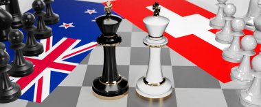 Yeni Zelanda ve İsviçre arasındaki çatışma, çatışma, kriz ve tartışma, bu iki ülke arasında bir ticaret anlaşması ve egemenlik, ulusal bayraklarla oynanan bir satranç oyunuyla sembolize ediliyor.
