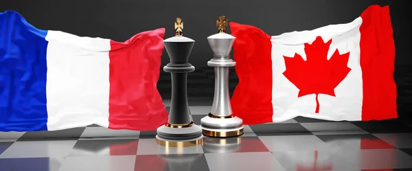 France Canada summit, fight or a stand off between those two countries that aims at solving political issues, symbolized by a chess game with national flags, 3d illustration