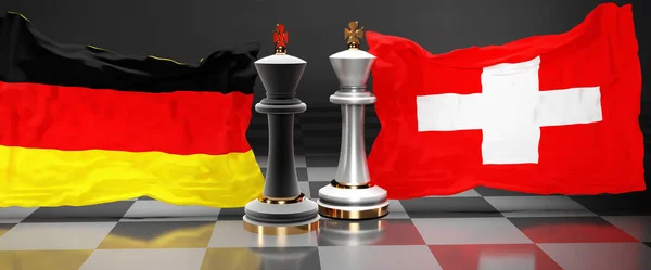 Germany Switzerland summit, fight or a stand off between those two countries that aims at solving political issues, symbolized by a chess game with national flags, 3d illustration