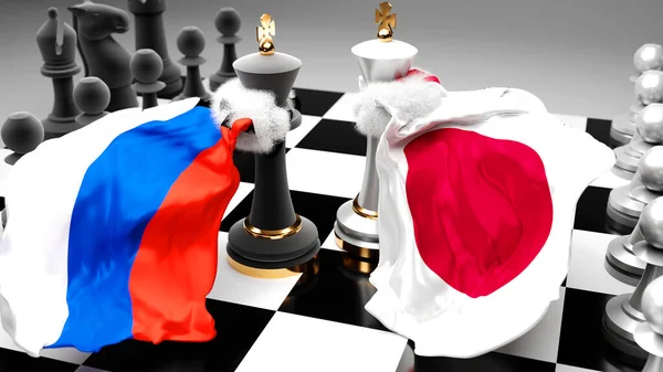 俄罗斯和日本之间的危机 冲突和争论 其目的是达成一项贸易协议或以悬挂国旗的国际象棋游戏为象征的支配地位 — 图库照片