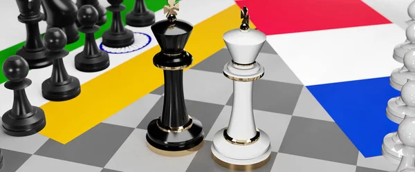 这两个国家之间的冲突 危机和辩论 其目的是达成一项贸易协议和以悬挂国旗的国际象棋游戏为象征的支配地位 — 图库照片