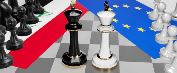 Iraq and EU Europe conflict, clash, crisis and debate between those two countries that aims at a trade deal and dominance symbolized by a chess game with national flags, 3d illustration