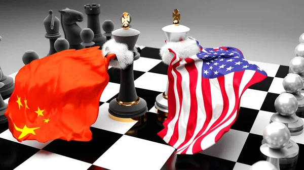 China USA crisis, clash, conflict and debate between those two countries that aims at a trade deal or dominance symbolized by a chess game with national flags, 3d illustration