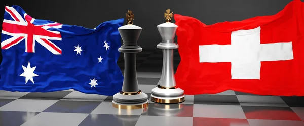 Australia Switzerland summit, fight or a stand off between those two countries that aims at solving political issues, symbolized by a chess game with national flags, 3d illustration