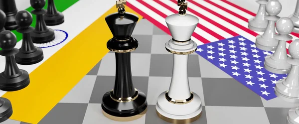 India and USA conflict, clash, crisis and debate between those two countries that aims at a trade deal and dominance symbolized by a chess game with national flags, 3d illustration