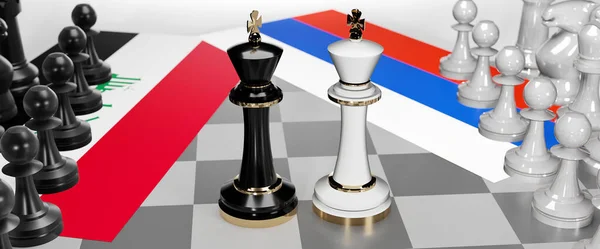 Iraq and Russia conflict, clash, crisis and debate between those two countries that aims at a trade deal and dominance symbolized by a chess game with national flags, 3d illustration