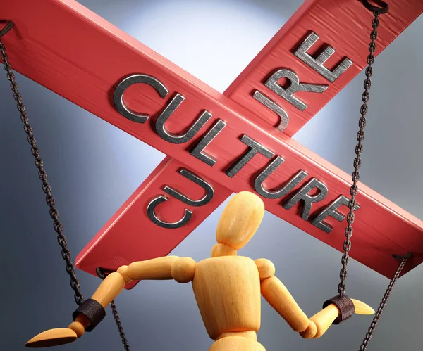 言葉でコントロールバーに象徴される文化制御 操作木製の人形の弦 チェーン を引く文化 3Dイラスト — ストック写真