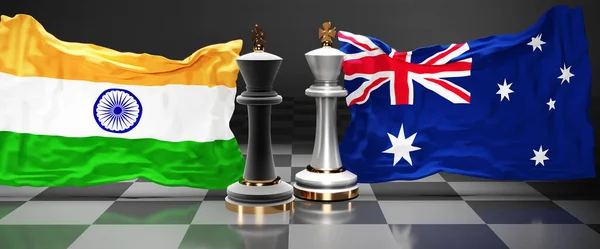 India Australia summit, fight or a stand off between those two countries that aims at solving political issues, symbolized by a chess game with national flags, 3d illustration