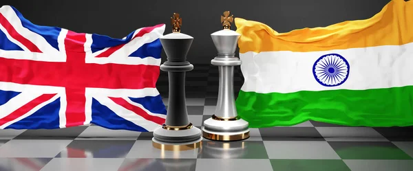 UK England India summit, fight or a stand off between those two countries that aims at solving political issues, symbolized by a chess game with national flags, 3d illustration