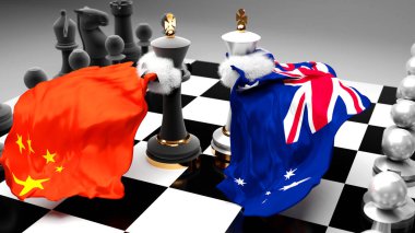 Çin Avustralya krizi, çatışma, çatışma ve tartışma bu iki ülke arasında bir ticaret anlaşması veya ulusal bayraklarla oynanan bir satranç oyunu ile sembolize edilen hakimiyet, 3D illüstrasyon