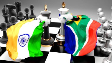 Hindistan Güney Afrika krizi, çatışma, çatışma ve tartışma bu iki ülke arasında bir ticaret anlaşması veya ulusal bayraklarla oynanan bir satranç oyunu ile sembolize edilen hakimiyet, 3d illüstrasyon