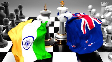 Hindistan Yeni Zelanda krizi, çatışma, çatışma ve tartışma bu iki ülke arasında bir ticaret anlaşması veya ulusal bayraklarla oynanan bir satranç oyunuyla sembolize edilen hakimiyet, 3D illüstrasyon